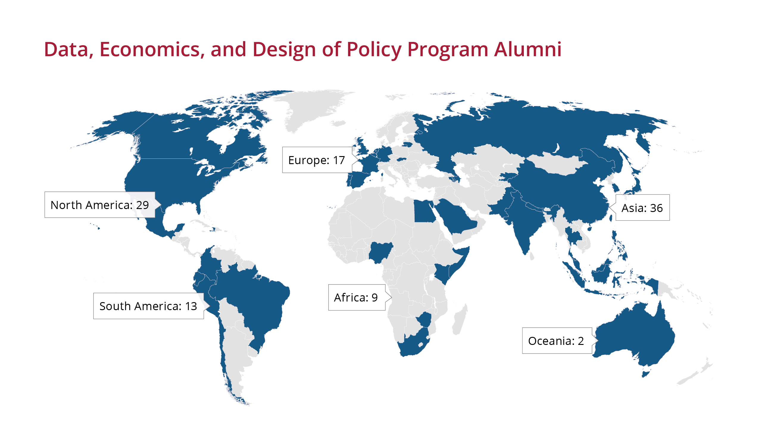 World map with countries highlighted to represent the global reach of our alumni, including nations from North America, South America, Europe, Asia, Africa, and Oceania.